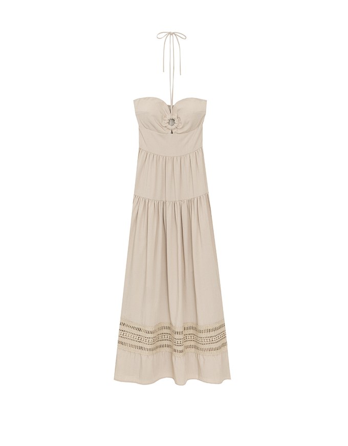 2 Way Halter Cut Out Padded Maxi Dress with Hollow Embroidery Hem