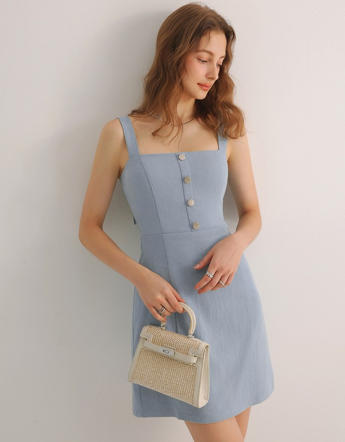 Adjustable Buckled Strap Jeans Denim Mini Dress with Front Button Detail