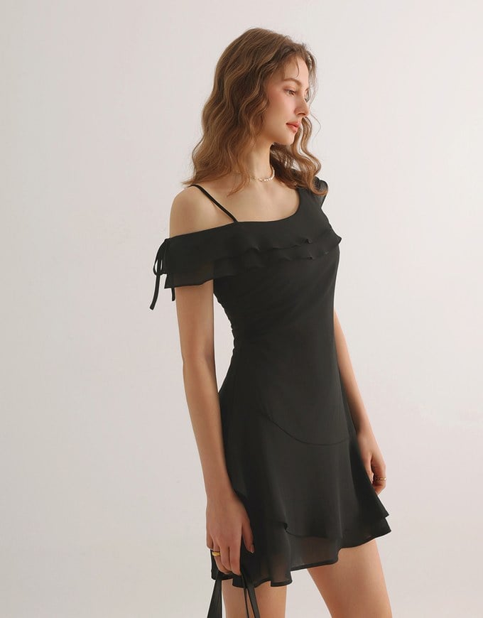 Asymmetric Ruffled Chiffon Cold Shoulder Padded Mini Dress