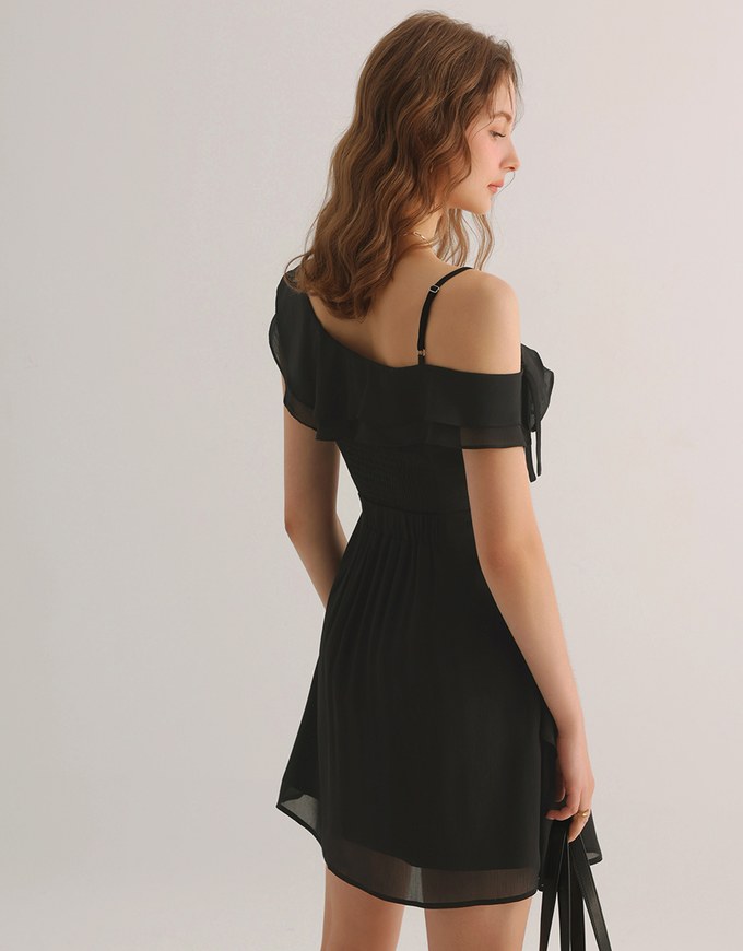 Asymmetric Ruffled Chiffon Cold Shoulder Padded Mini Dress