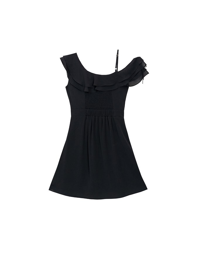 Asymmetric Ruffled Chiffon Cold Shoulder Padded Mini Dress