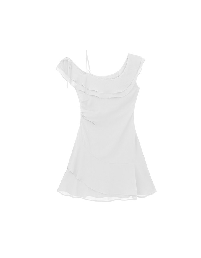 Asymmetric Ruffled Chiffon Cold Shoulder Padded Mini Dress