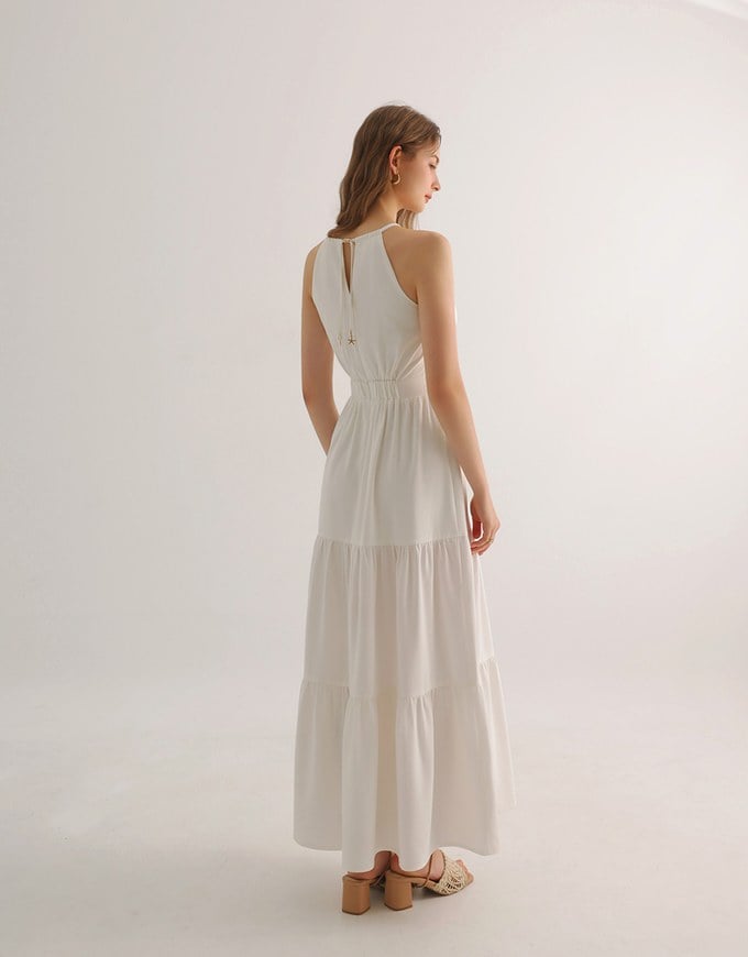 Keyhole Cut Out Tiered Halterneck Maxi Dress with Nautical Charm Ties