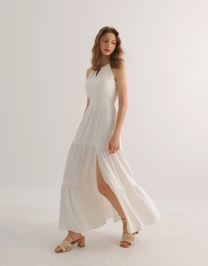 Keyhole Cut Out Tiered Halterneck Maxi Dress with Nautical Charm Ties