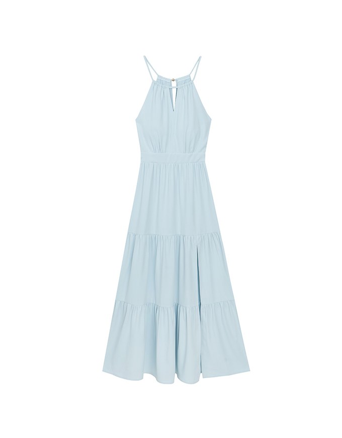 Keyhole Cut Out Tiered Halterneck Maxi Dress with Nautical Charm Ties