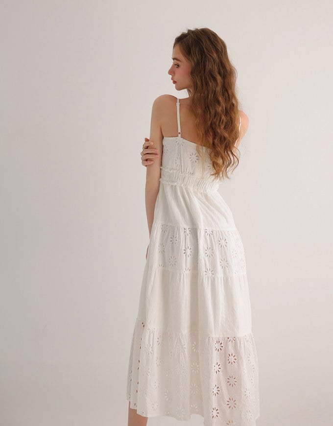 Floral Eyelet Lace Button Front Tiered Cami Padded Maxi Dress