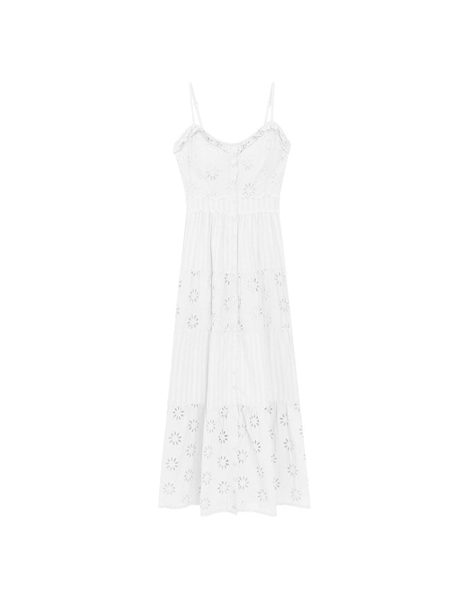 Floral Eyelet Lace Button Front Tiered Cami Padded Maxi Dress