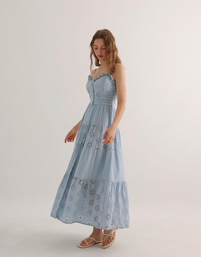 Floral Eyelet Lace Button Front Tiered Cami Padded Maxi Dress