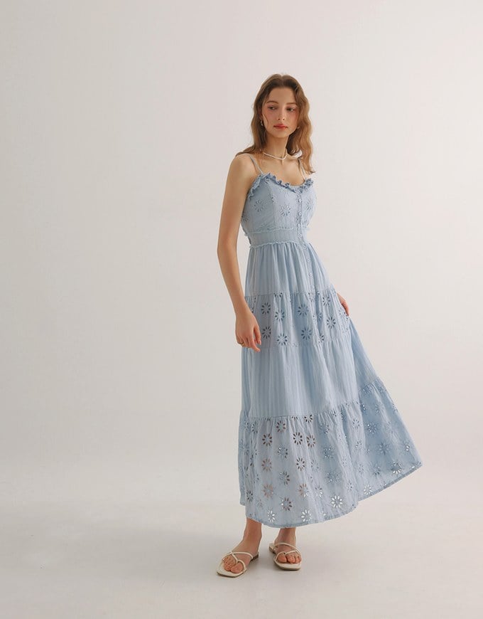 Floral Eyelet Lace Button Front Tiered Cami Padded Maxi Dress