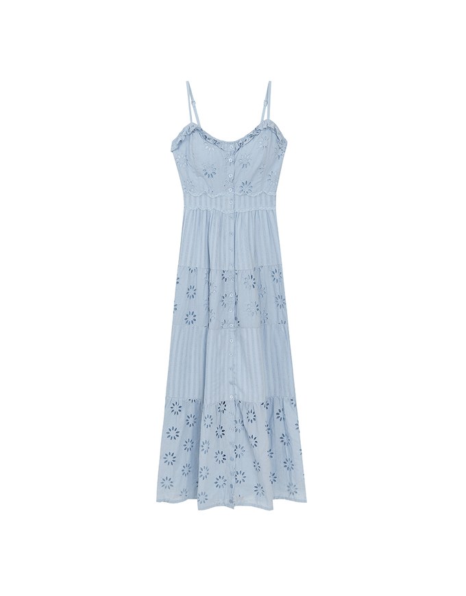 Floral Eyelet Lace Button Front Tiered Cami Padded Maxi Dress
