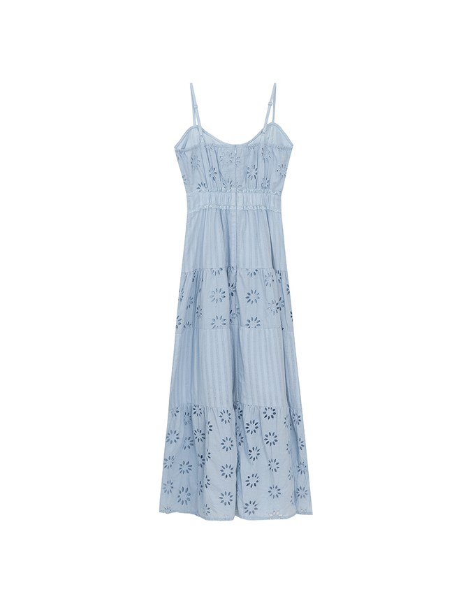 Floral Eyelet Lace Button Front Tiered Cami Padded Maxi Dress