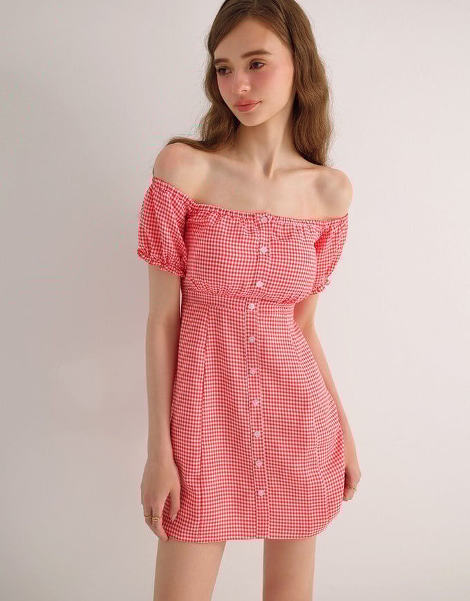Gingham Off Shoulder Puff Sleeve Button Front Padded Mini Dress