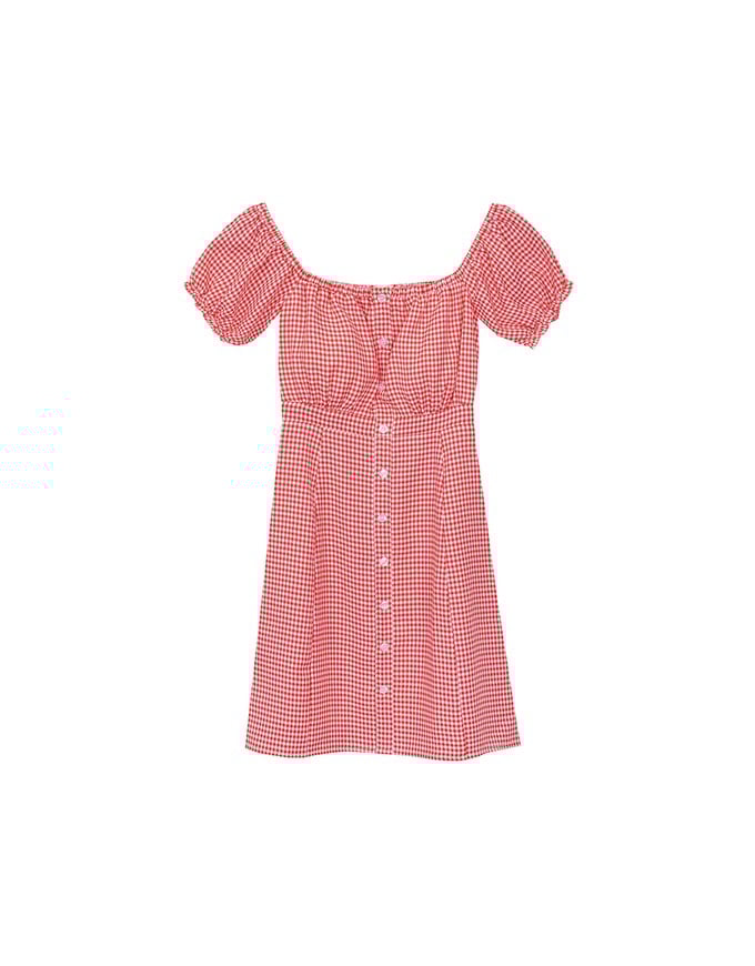 Gingham Off Shoulder Puff Sleeve Button Front Padded Mini Dress