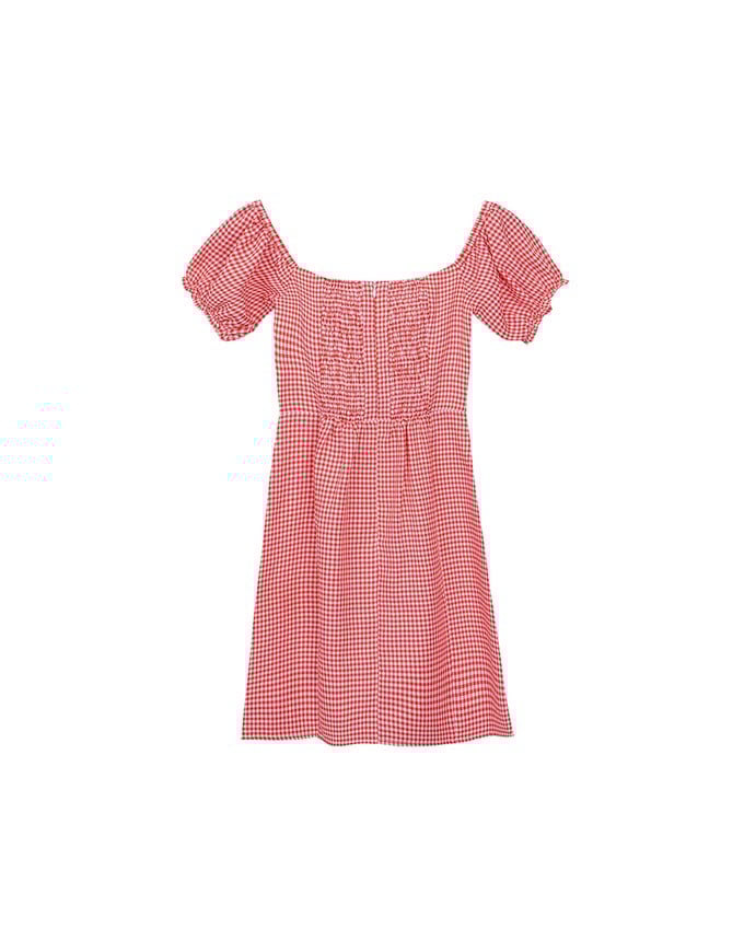 Gingham Off Shoulder Puff Sleeve Button Front Padded Mini Dress