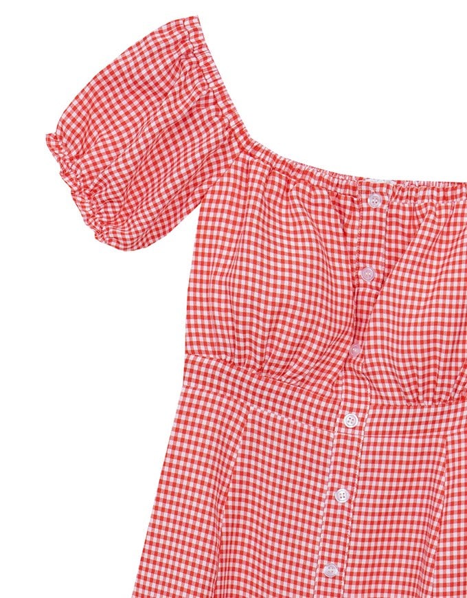 Gingham Off Shoulder Puff Sleeve Button Front Padded Mini Dress