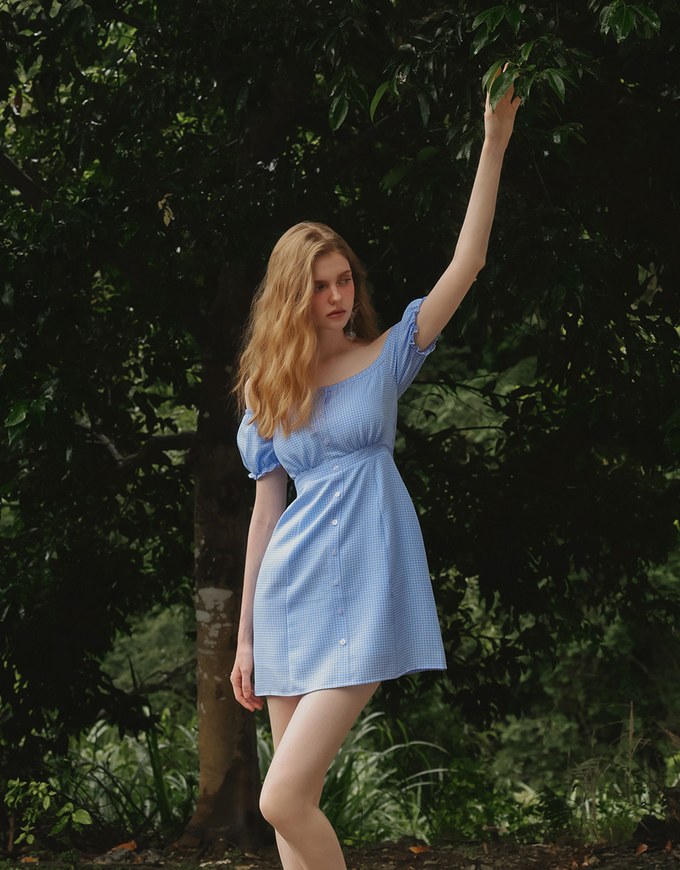 Gingham Off Shoulder Puff Sleeve Button Front Padded Mini Dress