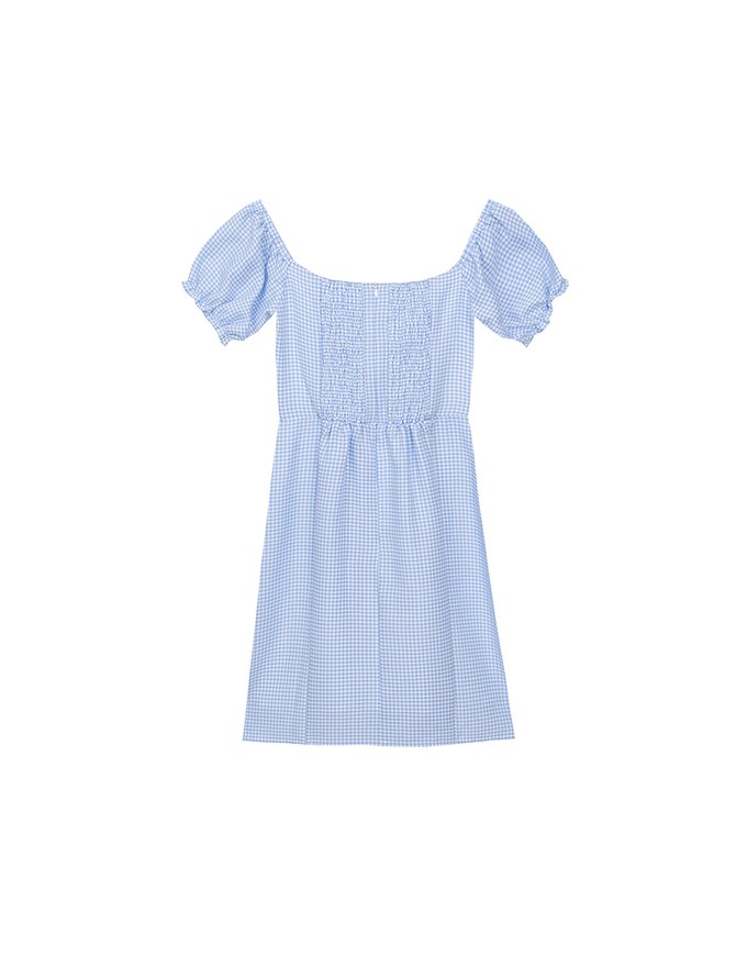 Gingham Off Shoulder Puff Sleeve Button Front Padded Mini Dress