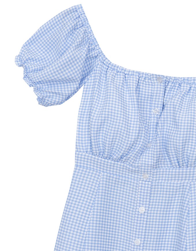 Gingham Off Shoulder Puff Sleeve Button Front Padded Mini Dress