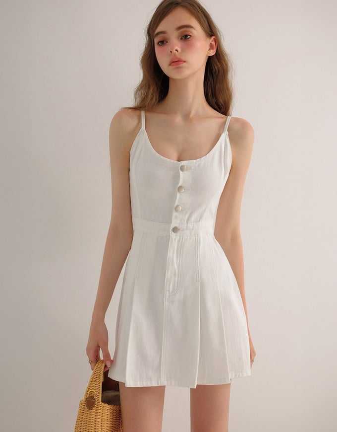 Spaghetti Strap Flared Jeans Denim Mini Dress with Front Button Detail