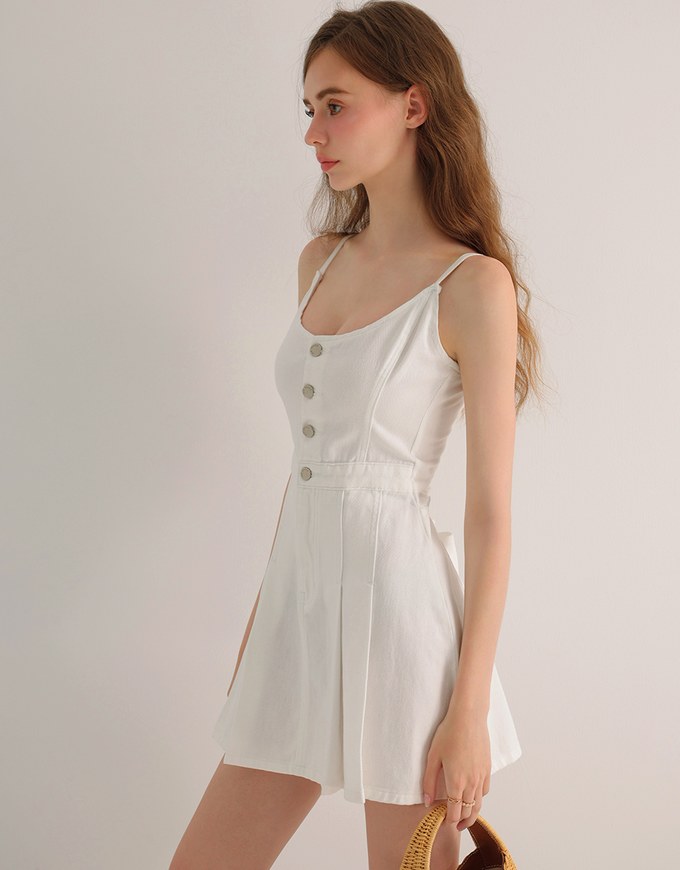 Spaghetti Strap Flared Jeans Denim Mini Dress with Front Button Detail
