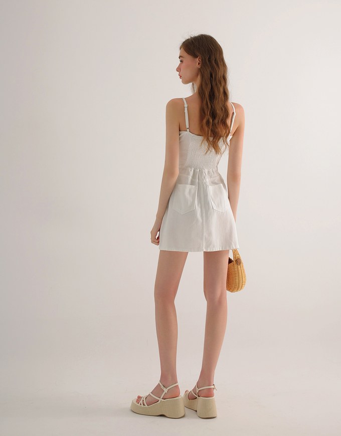Spaghetti Strap Flared Jeans Denim Mini Dress with Front Button Detail