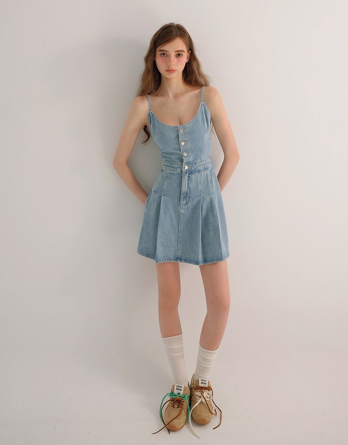 Spaghetti Strap Flared Jeans Denim Mini Dress with Front Button Detail