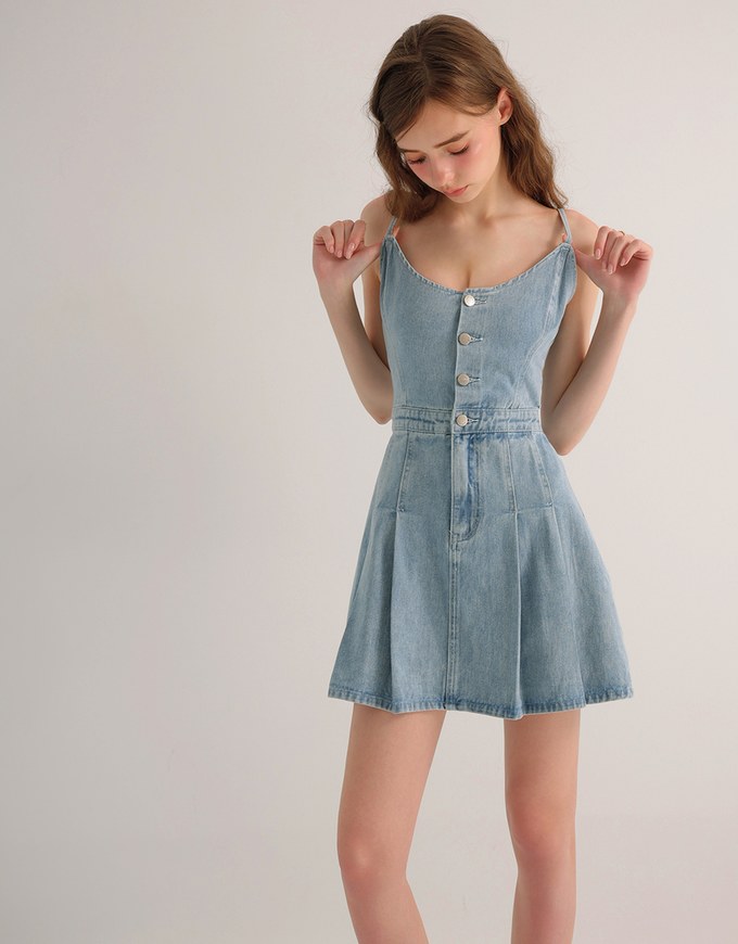 Spaghetti Strap Flared Jeans Denim Mini Dress with Front Button Detail
