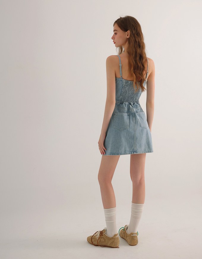 Spaghetti Strap Flared Jeans Denim Mini Dress with Front Button Detail