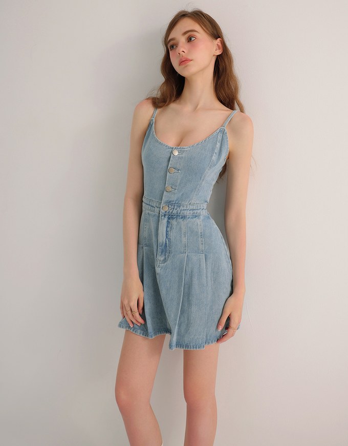 Spaghetti Strap Flared Jeans Denim Mini Dress with Front Button Detail