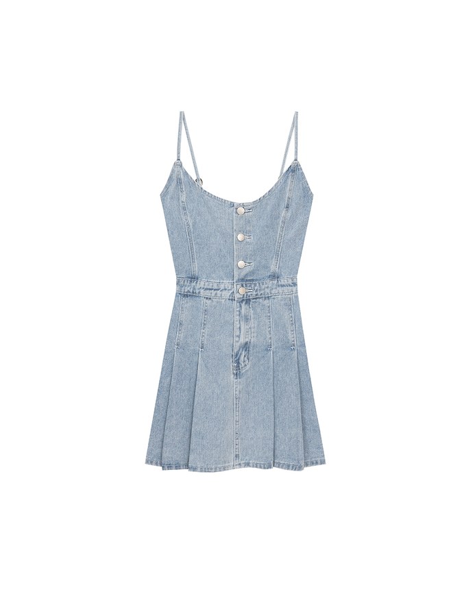Spaghetti Strap Flared Jeans Denim Mini Dress with Front Button Detail