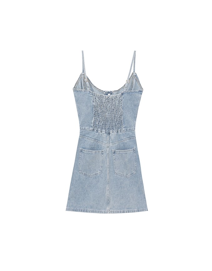 Spaghetti Strap Flared Jeans Denim Mini Dress with Front Button Detail