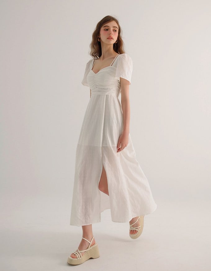 Sweetheart Puff Sleeve Ruched Bodice Check Padded Maxi Dress