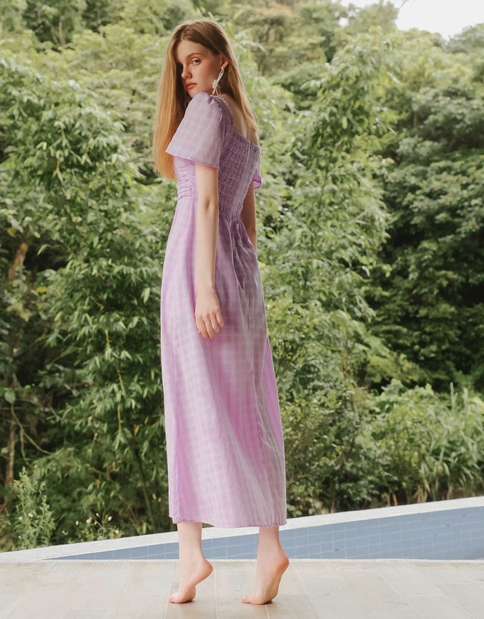 Sweetheart Puff Sleeve Ruched Bodice Check Padded Maxi Dress