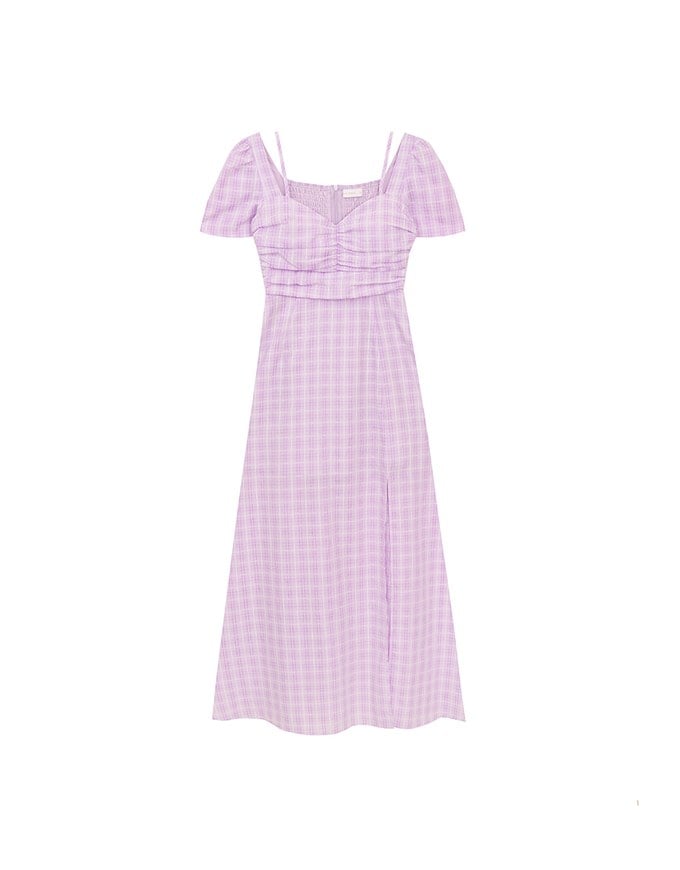Sweetheart Puff Sleeve Ruched Bodice Check Padded Maxi Dress