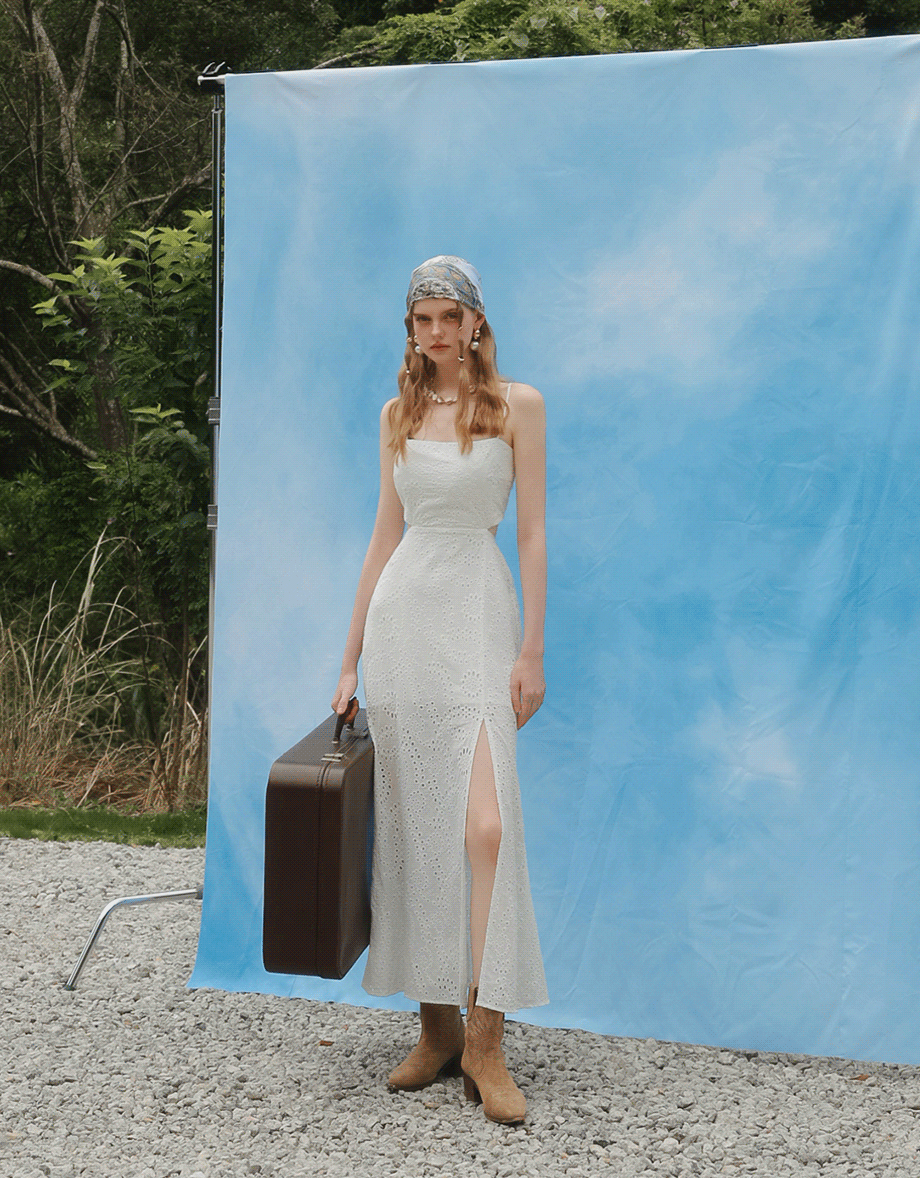 Eyelet Embroidered Padded Cami Maxi Dress with Crisscross Back Detail