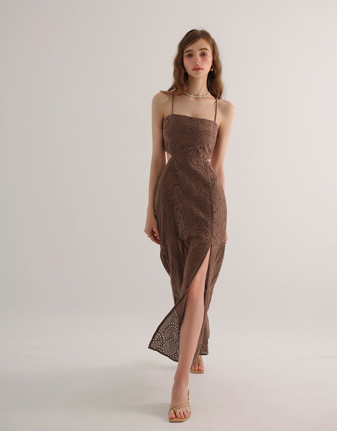 Eyelet Embroidered Padded Cami Maxi Dress with Crisscross Back Detail