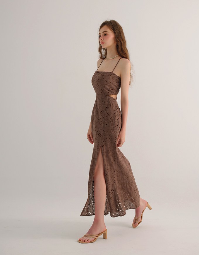 Eyelet Embroidered Padded Cami Maxi Dress with Crisscross Back Detail