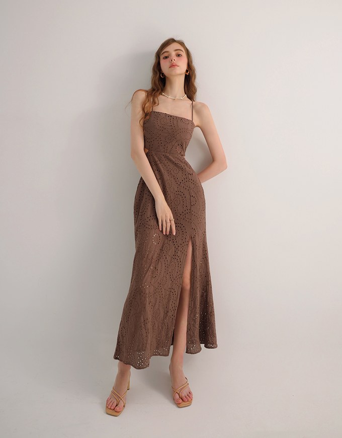 Eyelet Embroidered Padded Cami Maxi Dress with Crisscross Back Detail