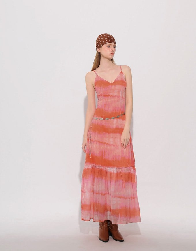 V Neck Tie Dye Spaghetti Strap Padded Maxi Dress