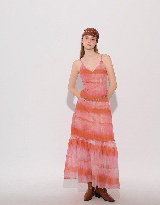 V Neck Tie Dye Spaghetti Strap Padded Maxi Dress