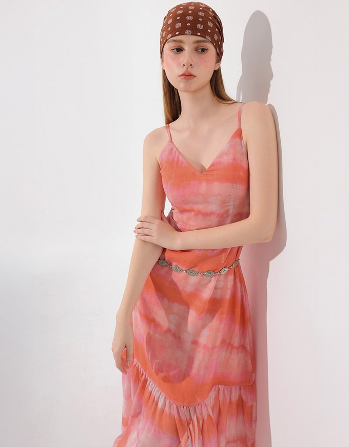 V Neck Tie Dye Spaghetti Strap Padded Maxi Dress