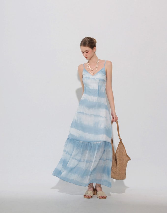 V Neck Tie Dye Spaghetti Strap Padded Maxi Dress