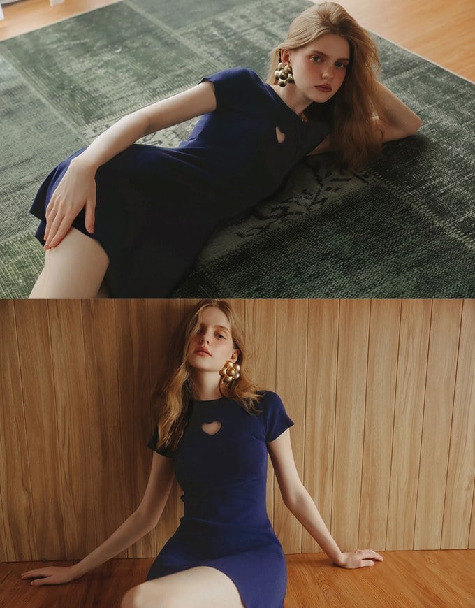 Heart Cut Out Ribbed Knit Fitted Mini Dress