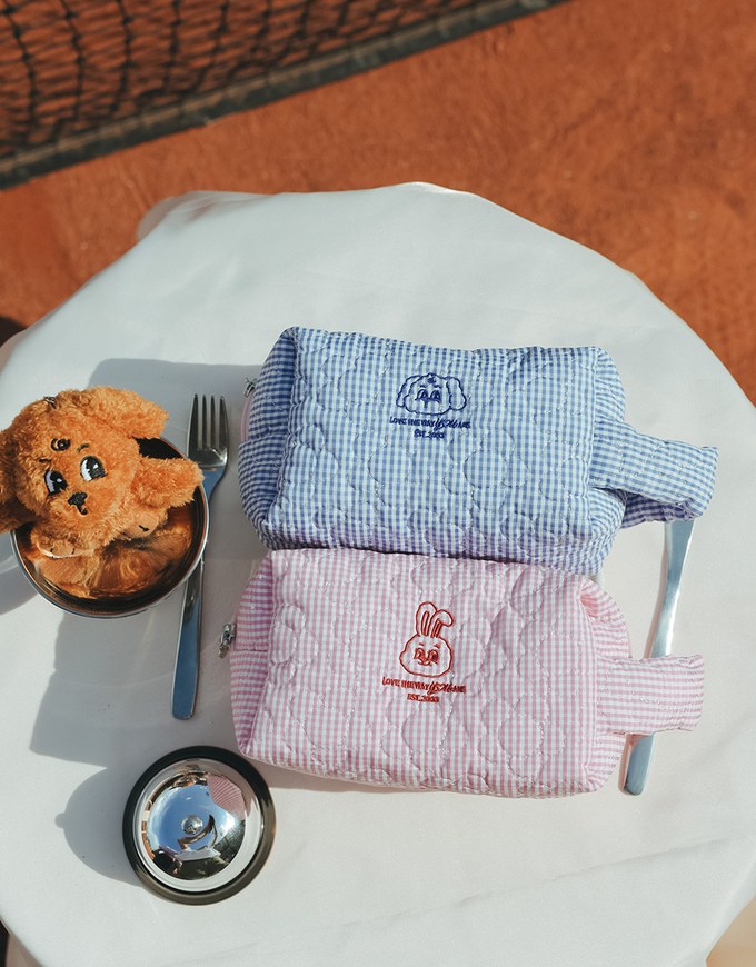 【Lyra & Toby】Embroidered Quilted Check Makeup Pouch