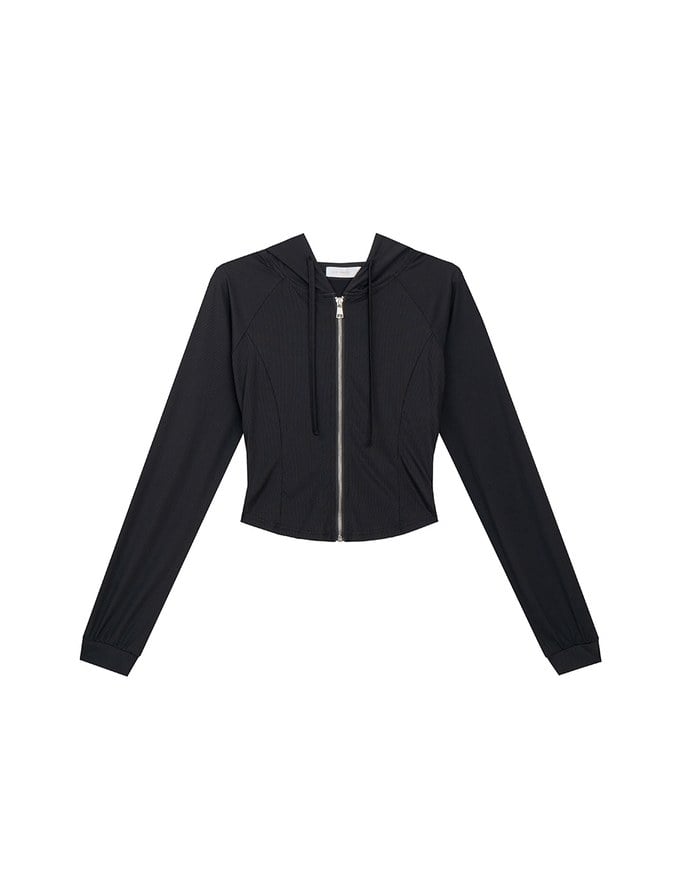 Cooling Fabric Fitted Zip-Up Hooded Jacket with Pockets Detail