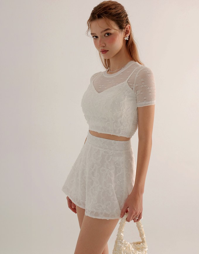 Floral Textured Spaghetti Strap Cami Padded Top with Matching High Waist Shorts Set Wear