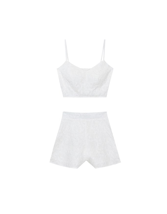 Floral Textured Spaghetti Strap Cami Padded Top with Matching High Waist Shorts Set Wear