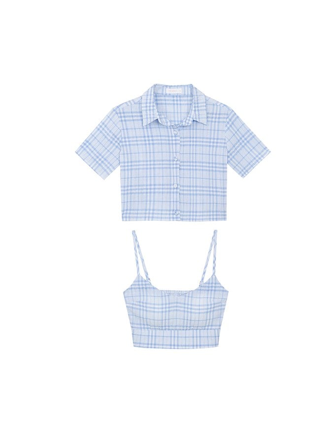 Checkered Button Up Cropped Shirt and Checkered Cami Padded Top Set Wear