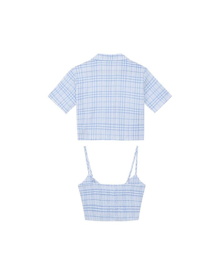 Checkered Button Up Cropped Shirt and Checkered Cami Padded Top Set Wear