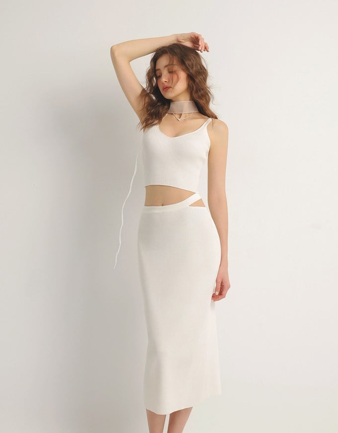 Double Shoulder Strap Ribbed Cami Top and Side Waist Cutout Knit Maxi Skirt Set Wear